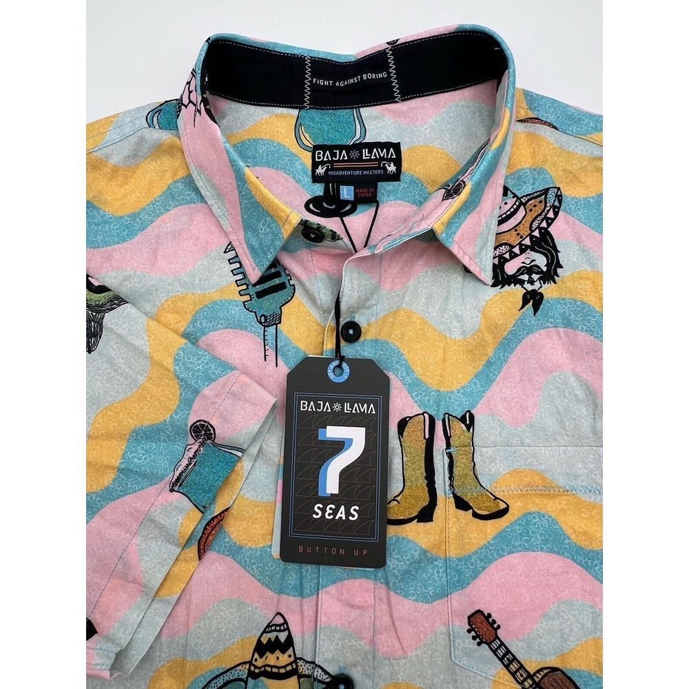Baja Llama Shirt Ay Caramba 7 Seas Fiesta Short Sleeve Button Up Mens Large NWT‎